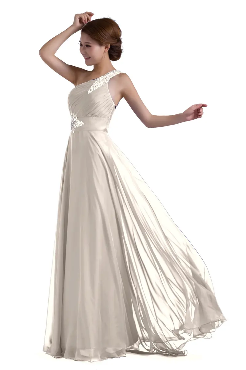 DLFASHION One-Shoulder Floor Length Beaded Chiffon Prom Dress | Light Grey, 16 | Elegant Beaded Silhouette - view 2