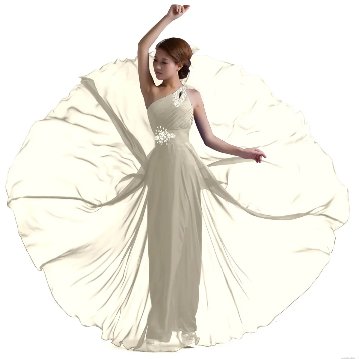 DLFASHION One-Shoulder Floor Length Beaded Chiffon Prom Dress | Light Grey, 16 | Elegant Beaded Silhouette - view 3