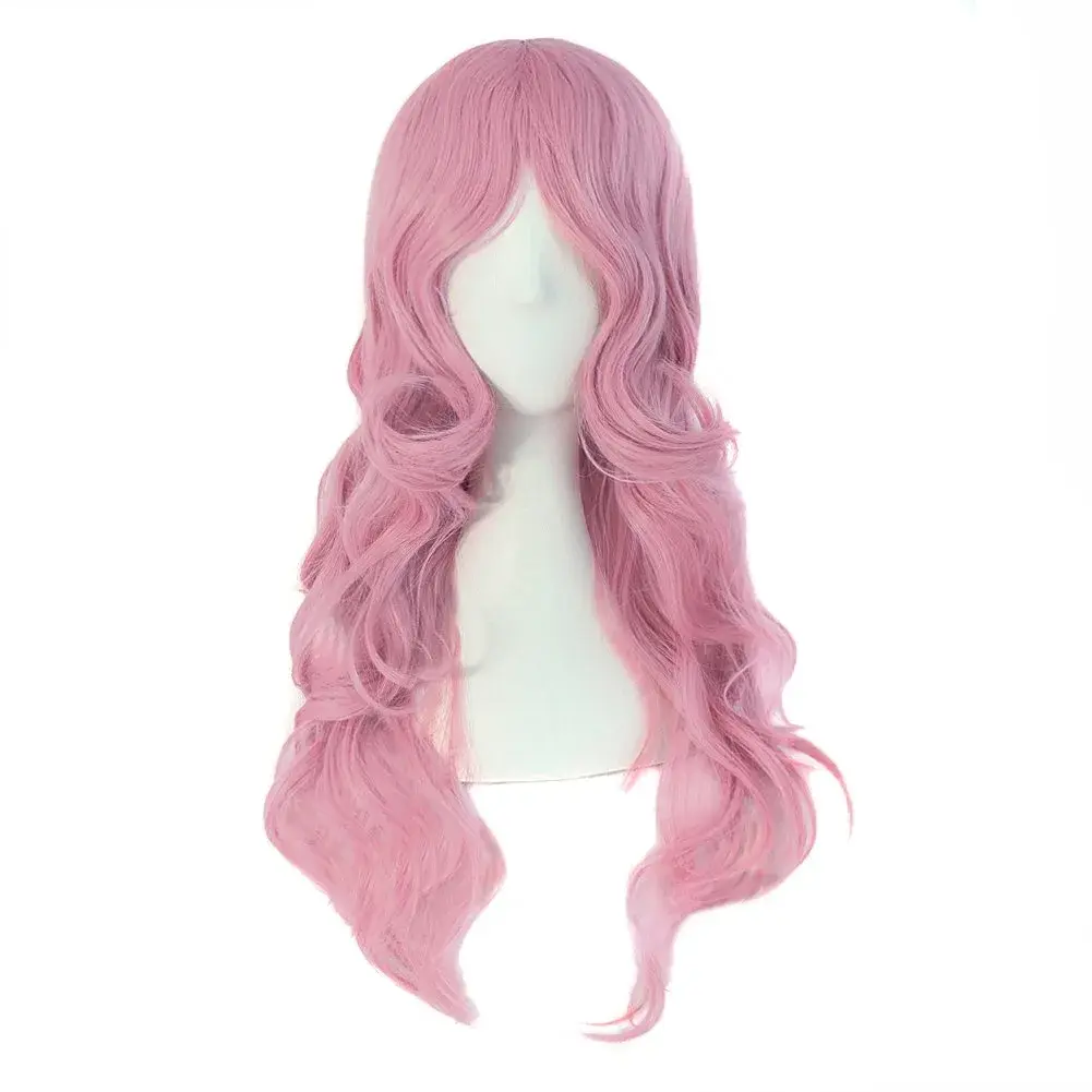 MapofBeauty 24 Inch Long Wavy Side Bangs Cosplay Wig, Pink | Heat Resistant Synthetic Fiber - main product image