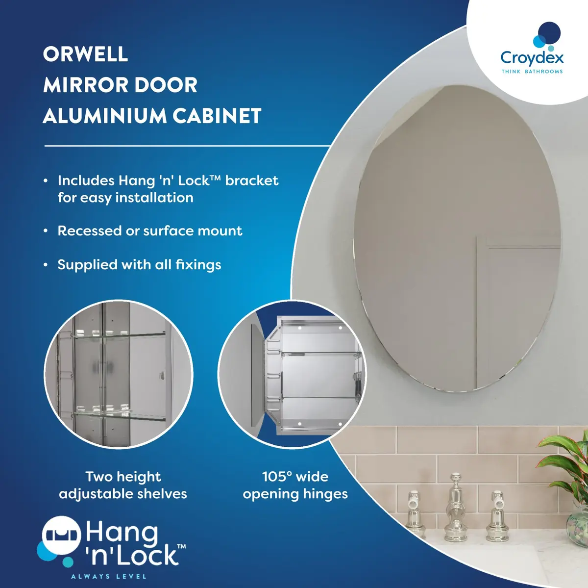 Croydex Orwell Oval Aluminum Bathroom Storage Vanity Mirror Medicine Cabinet 21W x 31H | Easy Hang N Lock Installation - view 2