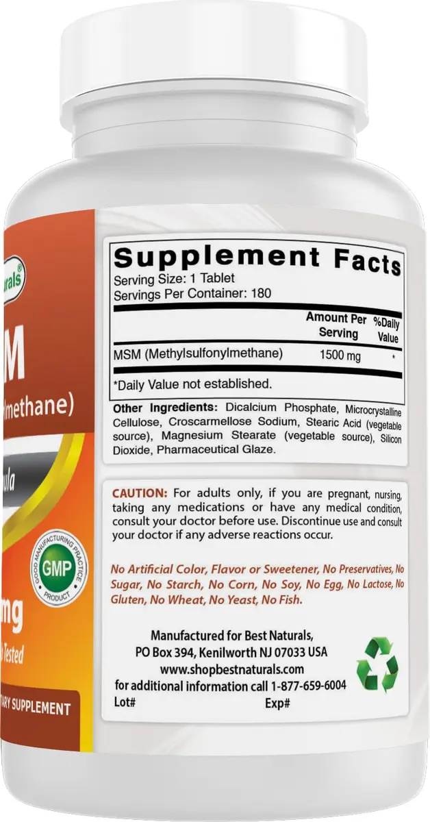 Best Naturals MSM 1500 mg 180 Tablets | Unflavored, Gluten-Free, Non-GMO, Made in USA - view 6
