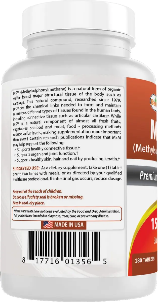 Best Naturals MSM 1500 mg 180 Tablets | Unflavored, Gluten-Free, Non-GMO, Made in USA - view 7