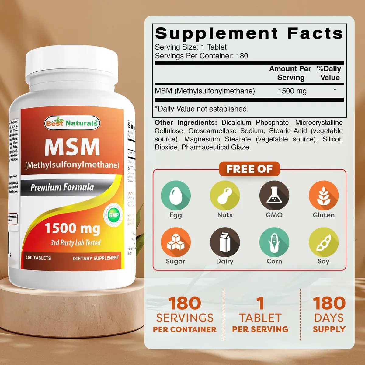 Best Naturals MSM 1500 mg 180 Tablets | Unflavored, Gluten-Free, Non-GMO, Made in USA - view 2