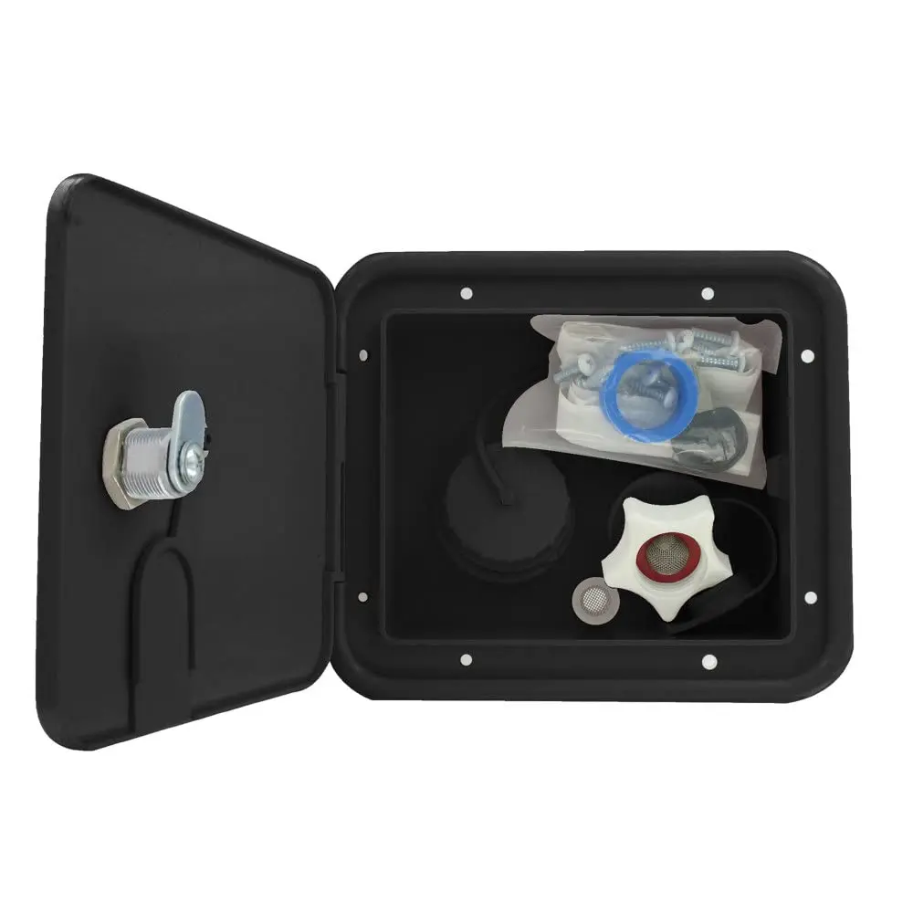 Valterra HOSE_PIPE_FITTING Black Gravity/Brass City Water Inlet Hatch | Lockable, 1/2" MPT & Barb, 7-5/8" OD - main product image