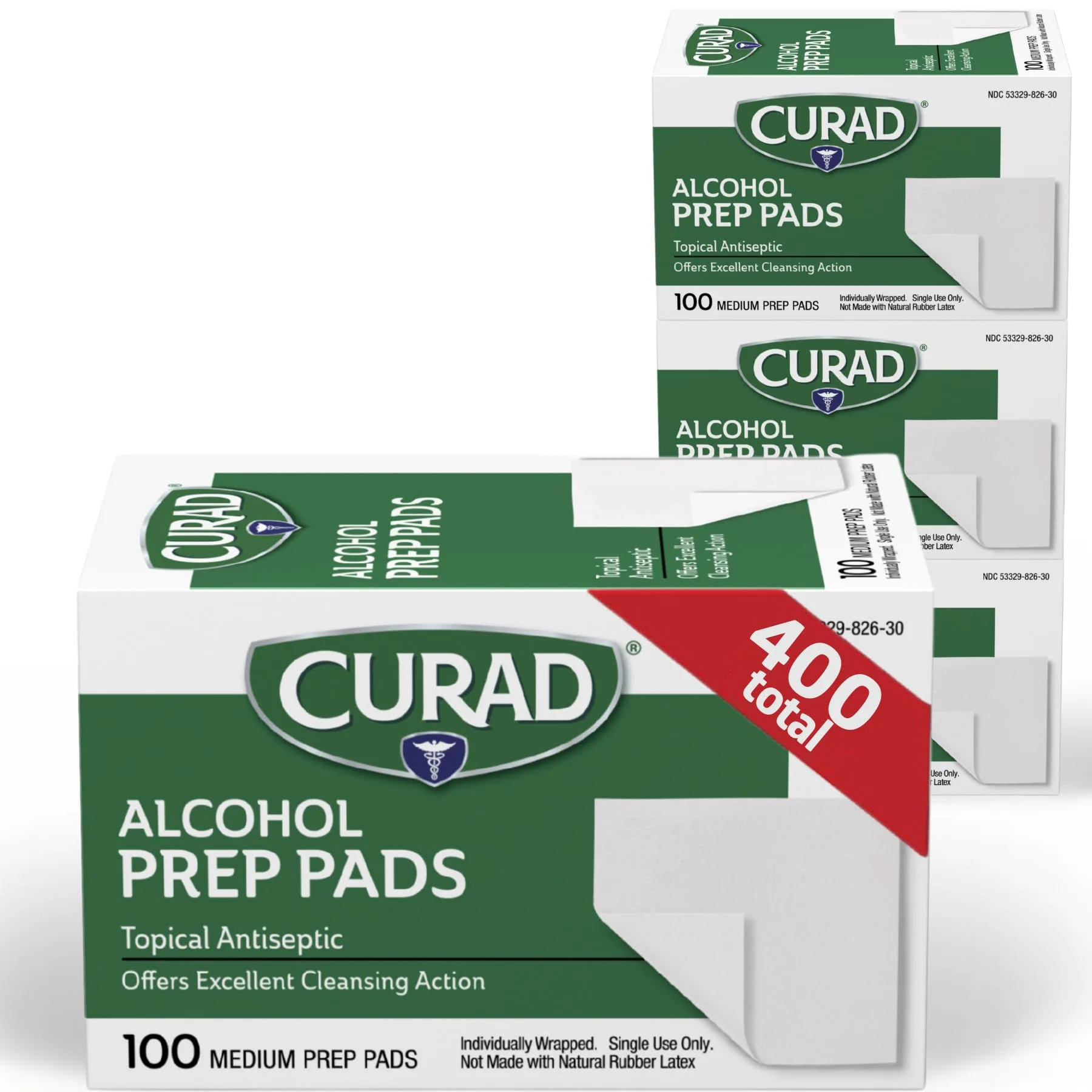 Curad Alcohol Prep Pads Medium Individually Wrapped 400 Count | Sterile Isopropyl Alcohol Wipes for First Aid - main product image