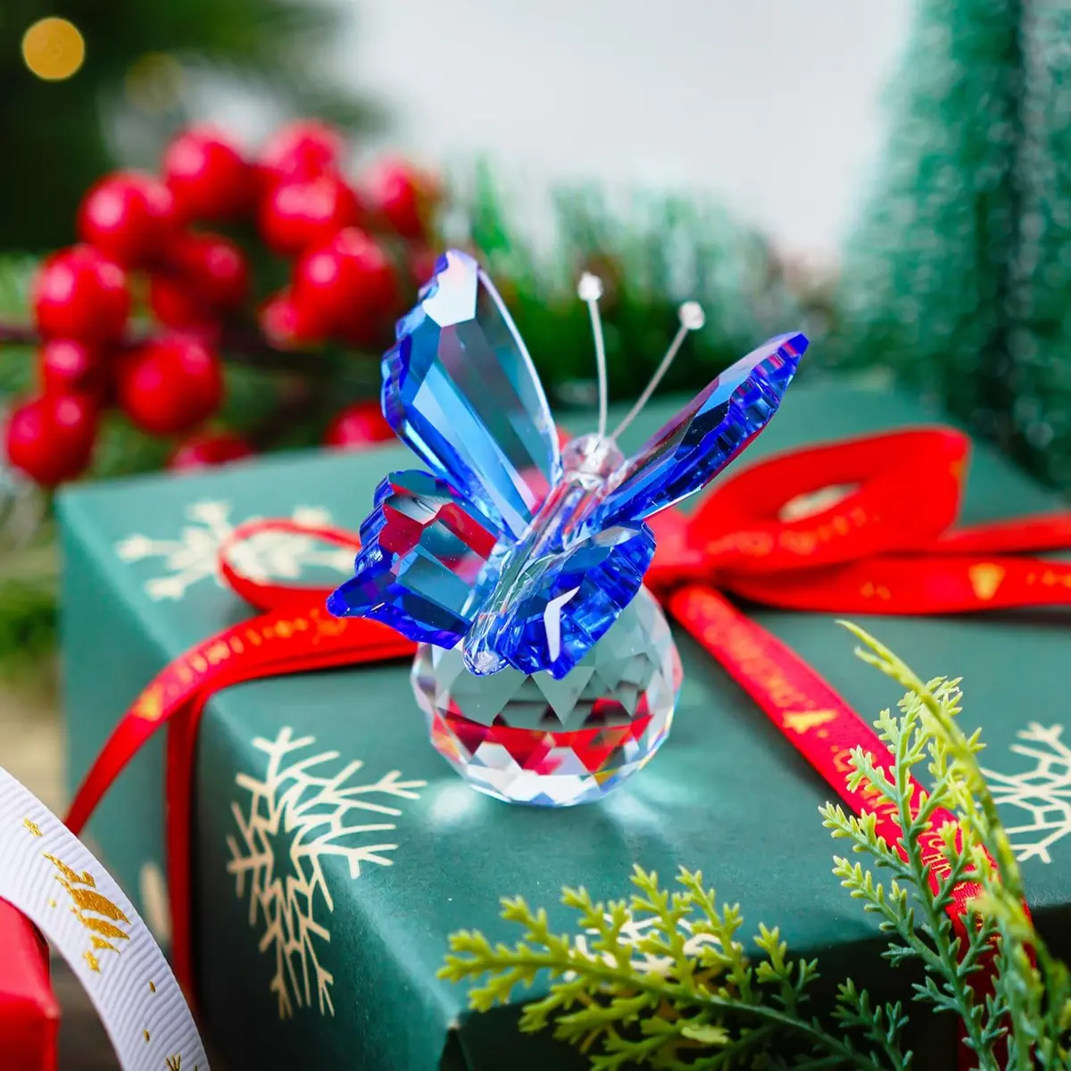 H&D HYALINE & DORA Crystal Flying Butterfly with Crystal Ball Base | Handmade K9 Crystal Ornament (Blue) - view 2