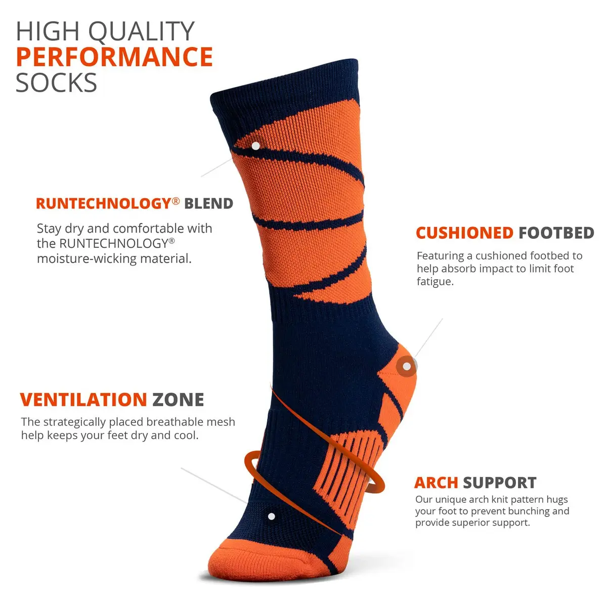 ChalkTalkSPORTS Basketball Socks, Navy Blue & Orange, Adult | Performance Basketball Crew Socks - view 2