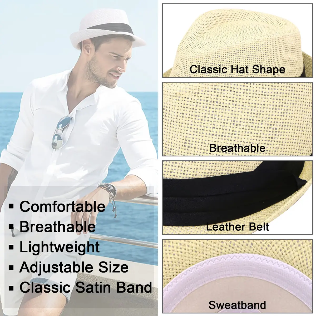 Simplicity Fedora Hat Natural | Summer Sun Short Brim Straw Fedora for Men, Adjustable XL - view 3