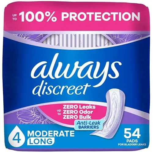 Always Discreet Adult Incontinence Pads for Women, Long Length, Moderate Absorbency, 54 Count | 100% Leak-Free Protection - main product image