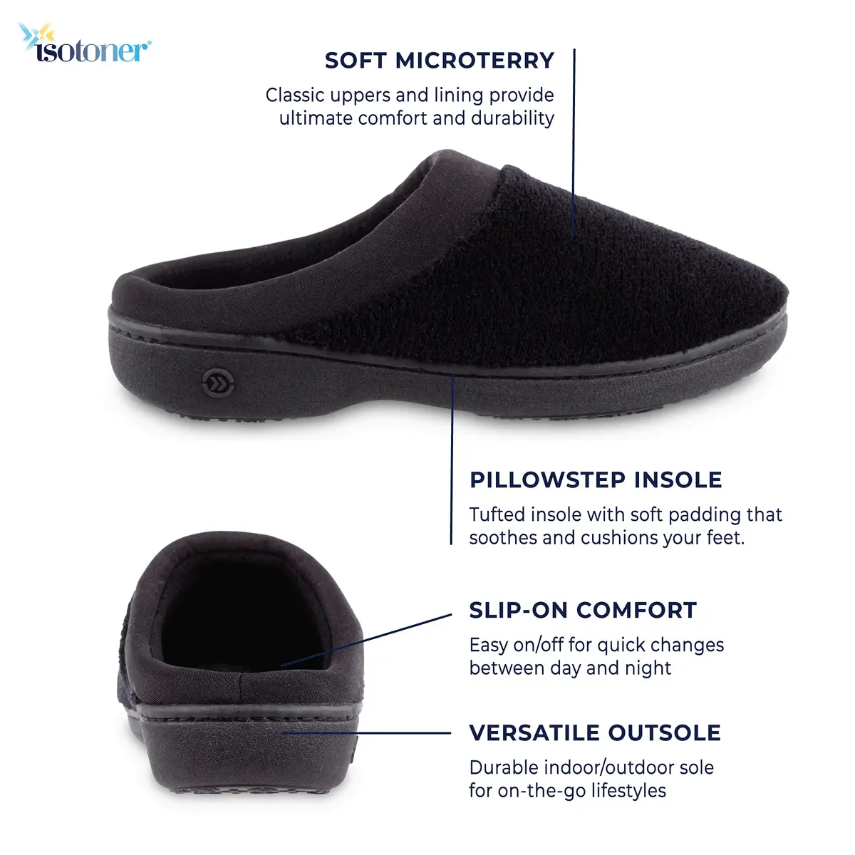 isotoner Women's Indoor/Outdoor Slip-on Terry and Satin Clog Slippers with Memory Foam Comfort, White, 8.5-9 | All-Day Support & Versatility - view 3