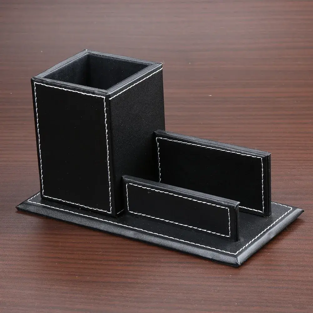KINGFOM PU Leather Desk Organizer with Card Stand, Black | Holds 20 Pens & 60 Cards - view 4