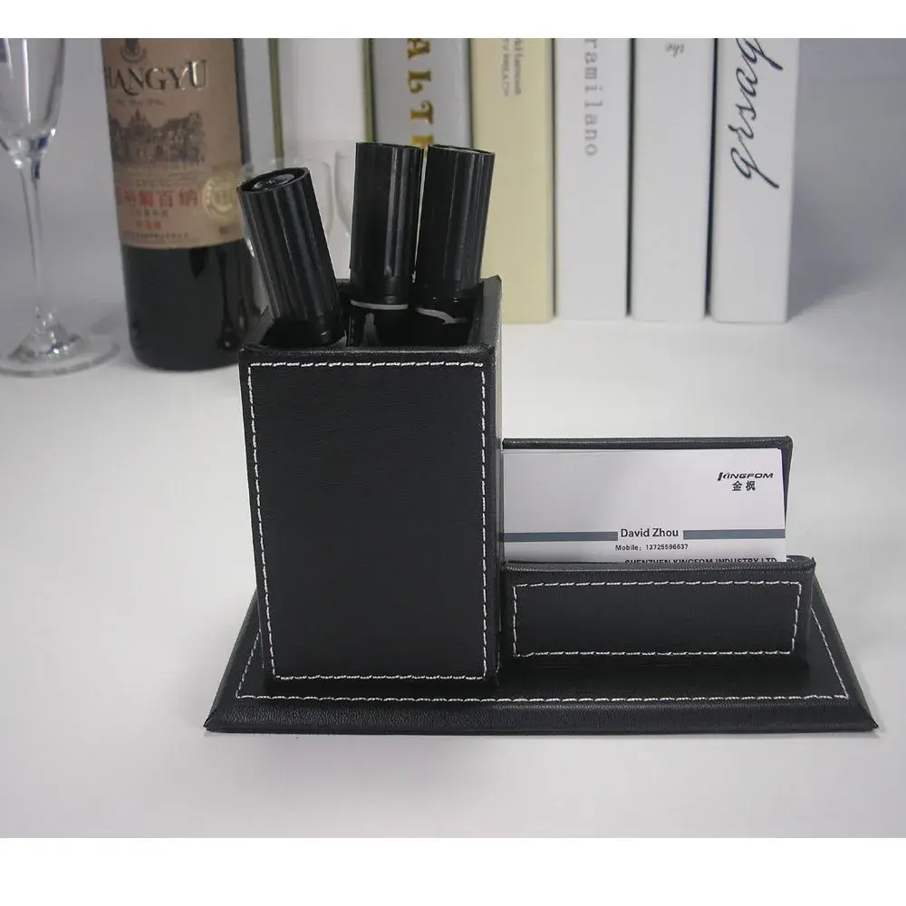 KINGFOM PU Leather Desk Organizer with Card Stand, Black | Holds 20 Pens & 60 Cards - view 6