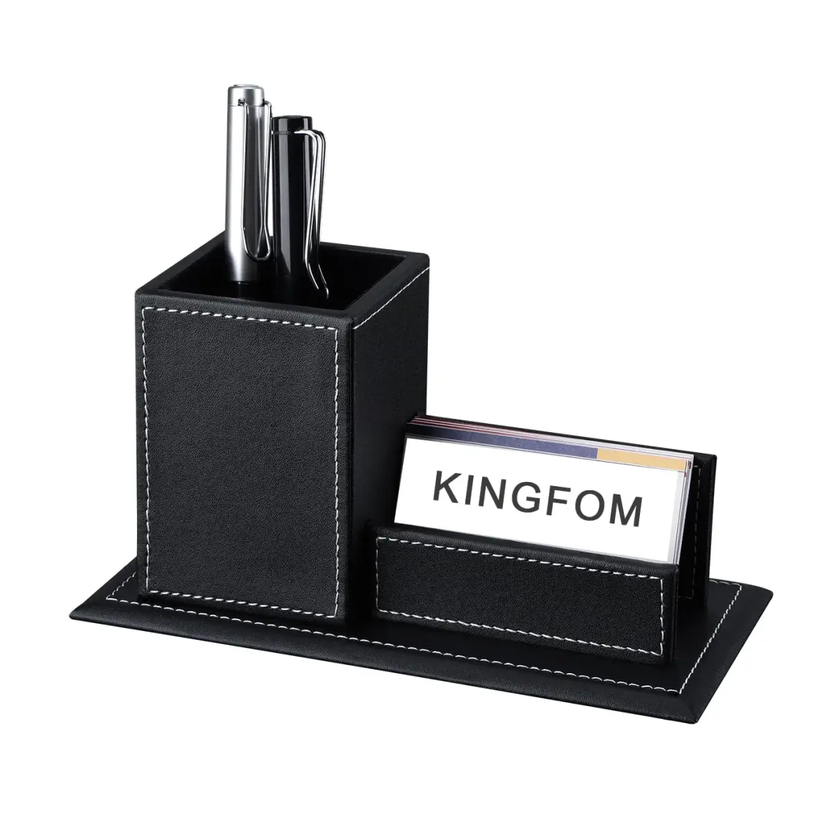 KINGFOM PU Leather Desk Organizer with Card Stand, Black | Holds 20 Pens & 60 Cards - main product image