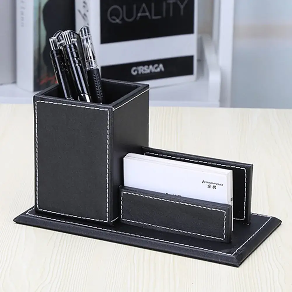 KINGFOM PU Leather Desk Organizer with Card Stand, Black | Holds 20 Pens & 60 Cards - view 7