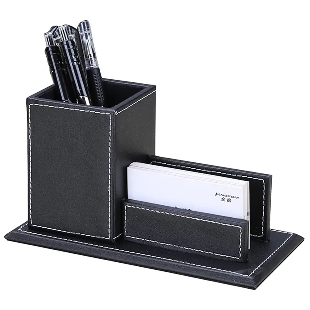 KINGFOM PU Leather Desk Organizer with Card Stand, Black | Holds 20 Pens & 60 Cards - view 2