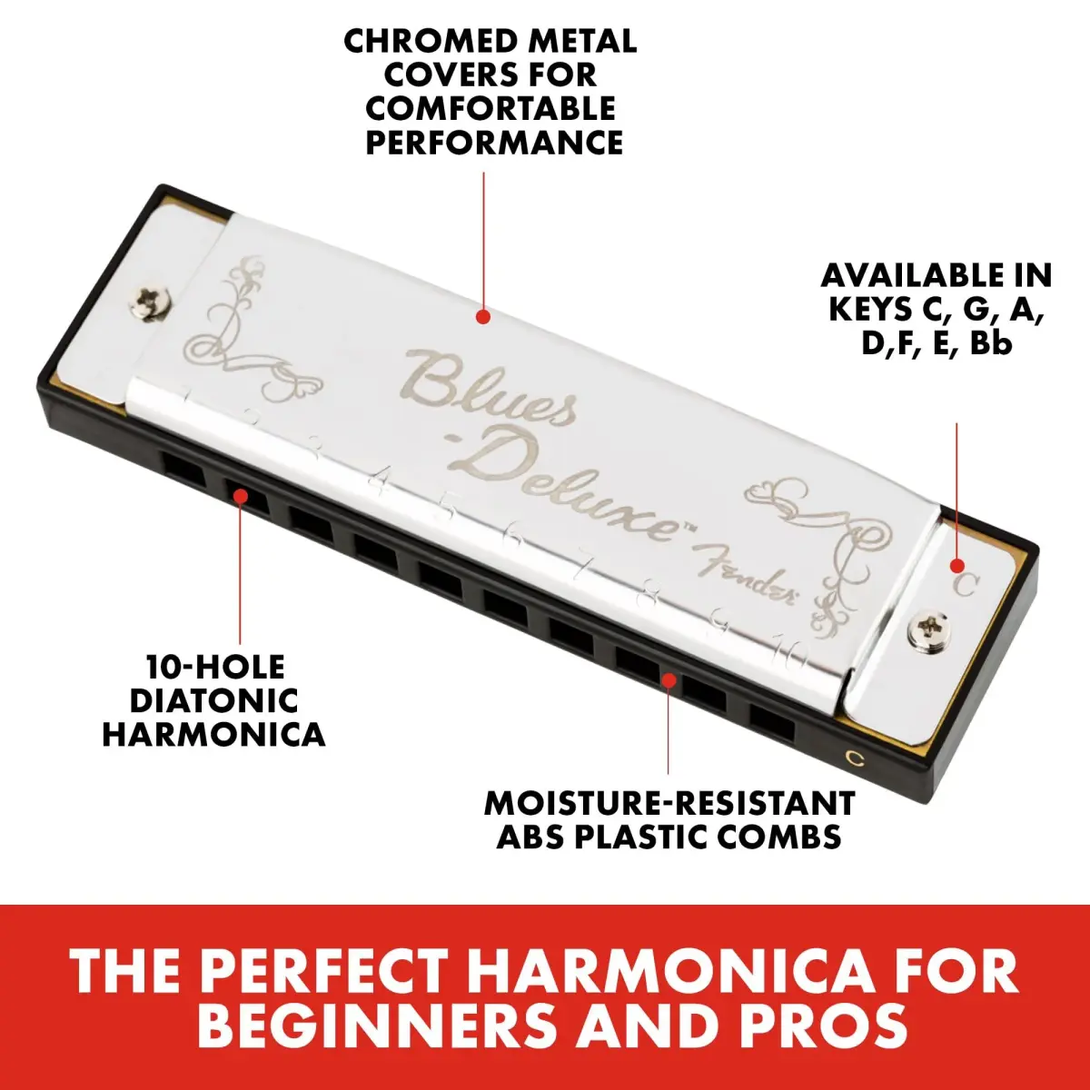 Fender Blues Deluxe Harmonica, Key of G | Traditional Shape, Brass Reeds - view 2