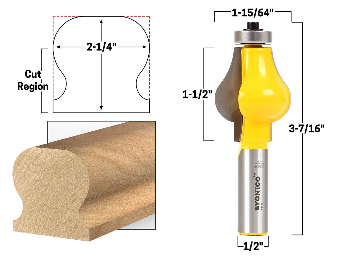Yonico Handrail Molding Router Bits 1-9/16-Inch Standard 1/2-Inch Shank | Create Custom Handrails with Durable Carbide - view 2