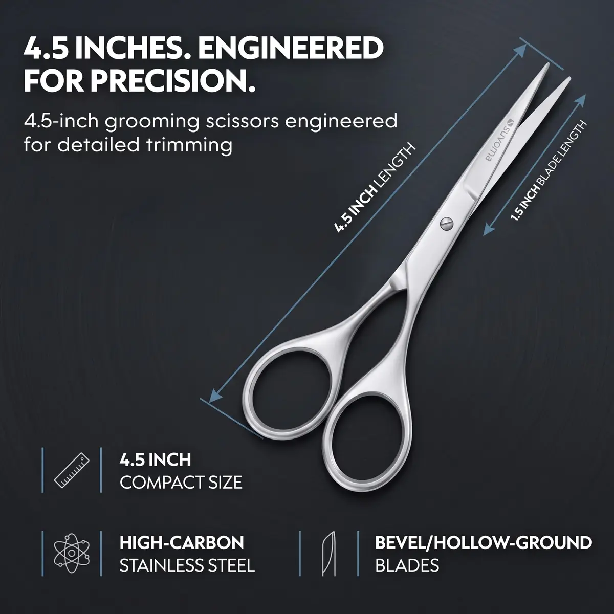 Suvorna small scissors for beard, mustache, facial, nose, eyebrow, and ear hair - Hair scissors for cutting, trimming & grooming - Made with 4.5" stainless steel for barbers, professional, & home user - view 5