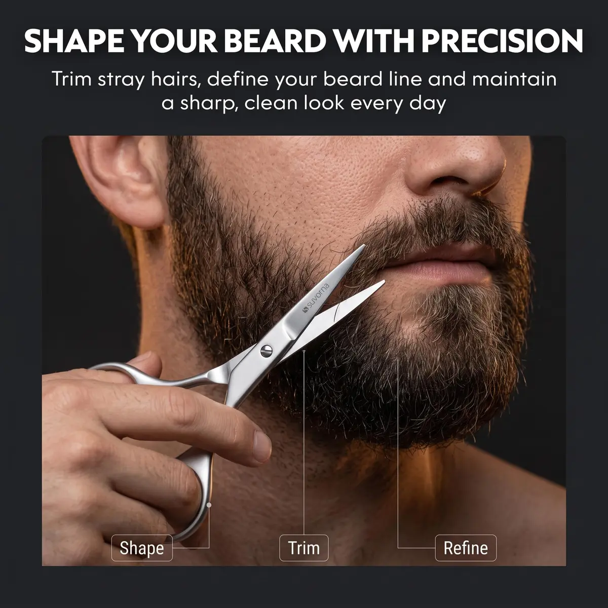 Suvorna small scissors for beard, mustache, facial, nose, eyebrow, and ear hair - Hair scissors for cutting, trimming & grooming - Made with 4.5" stainless steel for barbers, professional, & home user - view 6