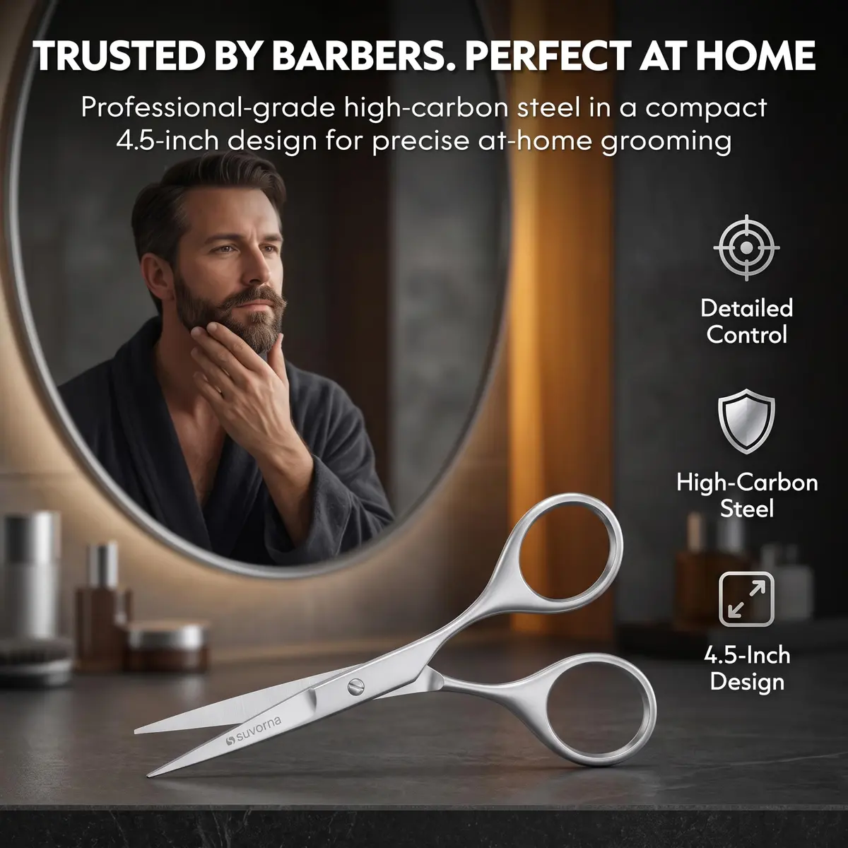 Suvorna small scissors for beard, mustache, facial, nose, eyebrow, and ear hair - Hair scissors for cutting, trimming & grooming - Made with 4.5" stainless steel for barbers, professional, & home user - view 8
