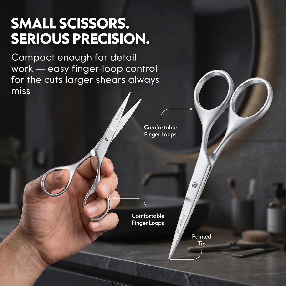 Suvorna small scissors for beard, mustache, facial, nose, eyebrow, and ear hair - Hair scissors for cutting, trimming & grooming - Made with 4.5" stainless steel for barbers, professional, & home user - view 9