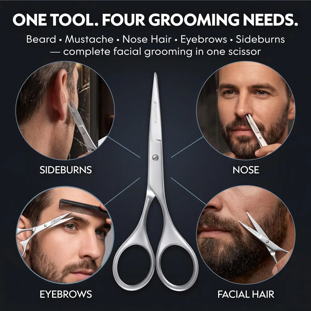 Suvorna small scissors for beard, mustache, facial, nose, eyebrow, and ear hair - Hair scissors for cutting, trimming & grooming - Made with 4.5" stainless steel for barbers, professional, & home user - view 3