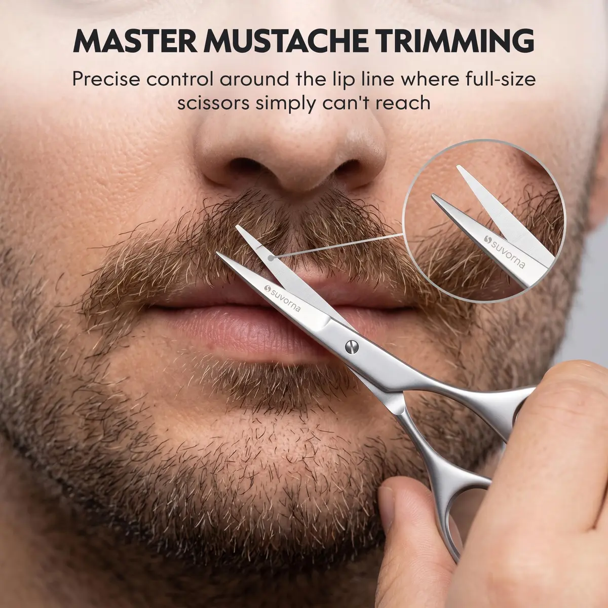 Suvorna small scissors for beard, mustache, facial, nose, eyebrow, and ear hair - Hair scissors for cutting, trimming & grooming - Made with 4.5" stainless steel for barbers, professional, & home user - view 4