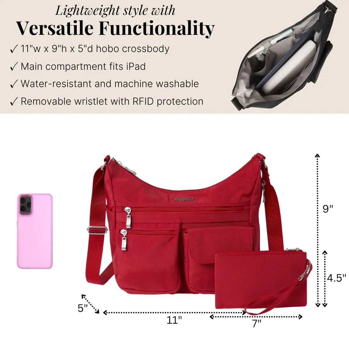 Baggallini Everywhere Bagg Crossbody Bag 28.9cm (11.4in) | Water-Resistant Travel Hobo with RFID Wristlet - view 4