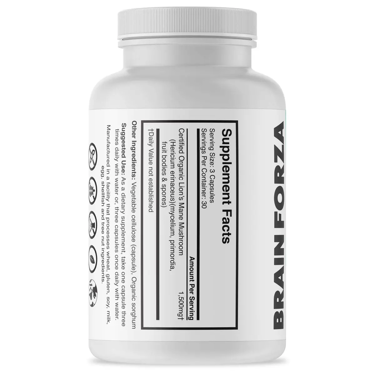 Brain Forza Organic Lion's Mane Mushroom Capsules 90 Count (2.5 x 4.5 x 2.5 inches) | Natural Herbal Supplement for Memory, Focus, Clarity, Nerve Health - view 2