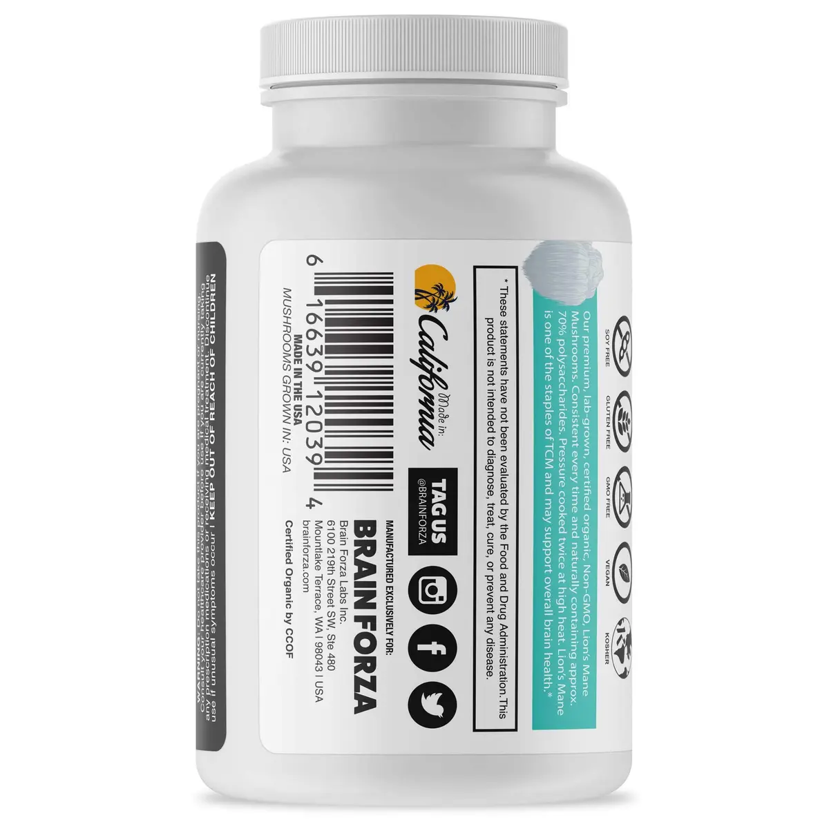 Brain Forza Organic Lion's Mane Mushroom Capsules 90 Count (2.5 x 4.5 x 2.5 inches) | Natural Herbal Supplement for Memory, Focus, Clarity, Nerve Health - view 3