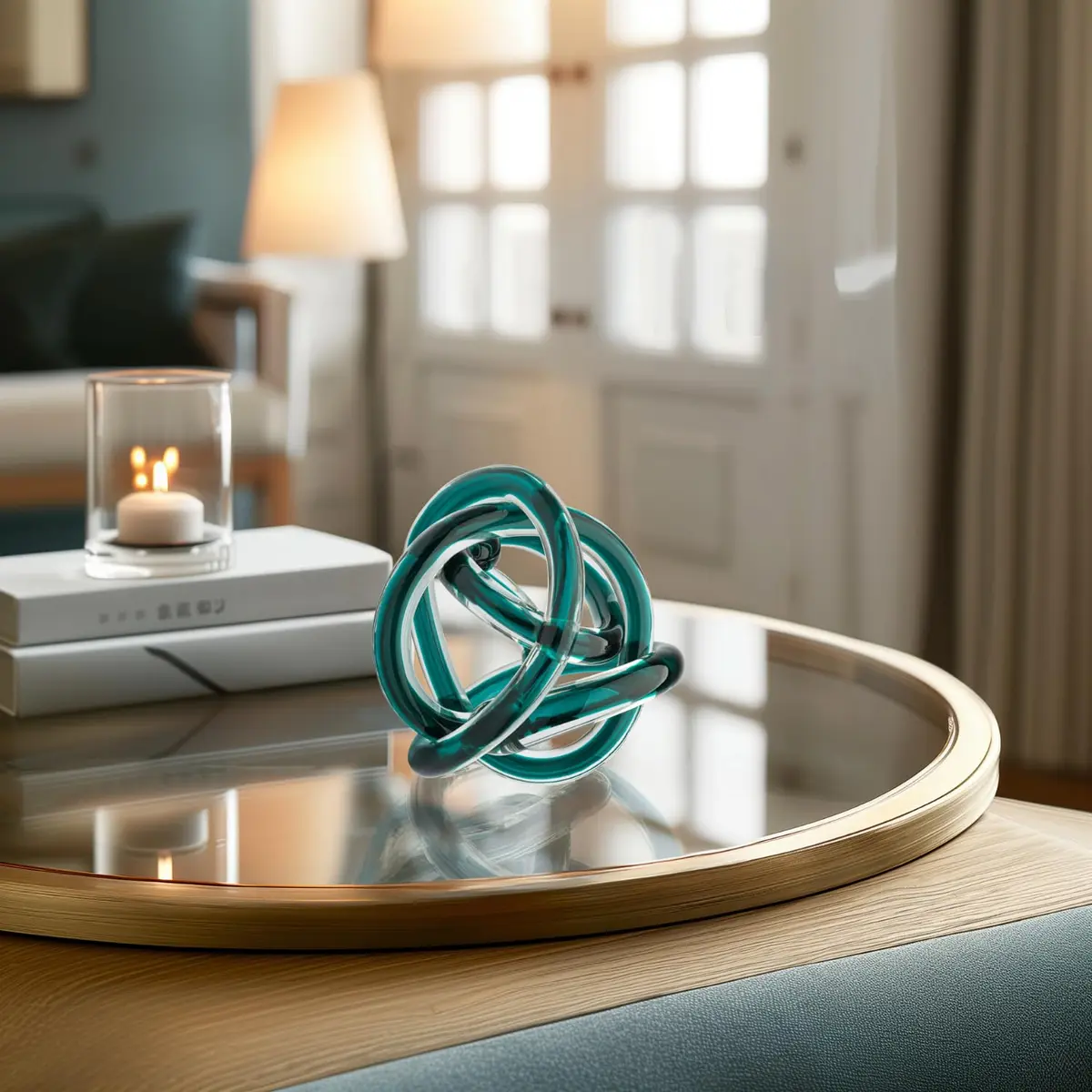 Torre & Tagus Orbit Hand Blown Glass Infinity Knot Sculpture - 3 Inch Glass Art Teal Knot Decor Ball for Home Decor, Small Centerpiece Table Decoration for Home Interior - view 5