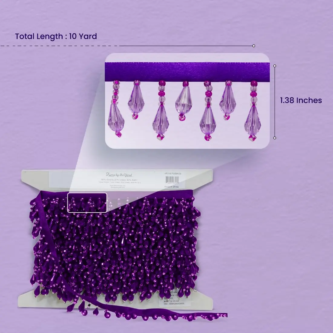 Expo International Joanne Beaded Teardrop Fringe Trim 360 inches (10 Yards) Bright Purple | Handmade Glass & Satin Embellishment - view 2