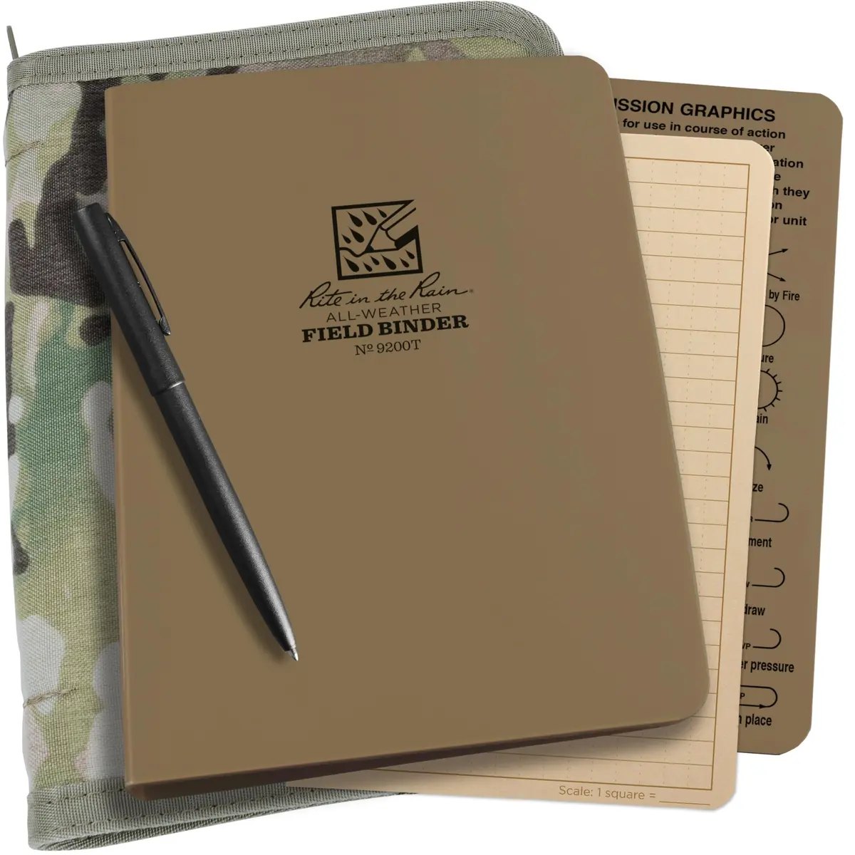 Rite in The Rain Weatherproof Binder Kit: Multicam Cordura® Cover, Tan Binder, 50 Sheets Tan Universal Loose Leaf, Weatherproof Pen (No. 9200M-KIT), 8.88 x 5.75 x 0.63 - main product image
