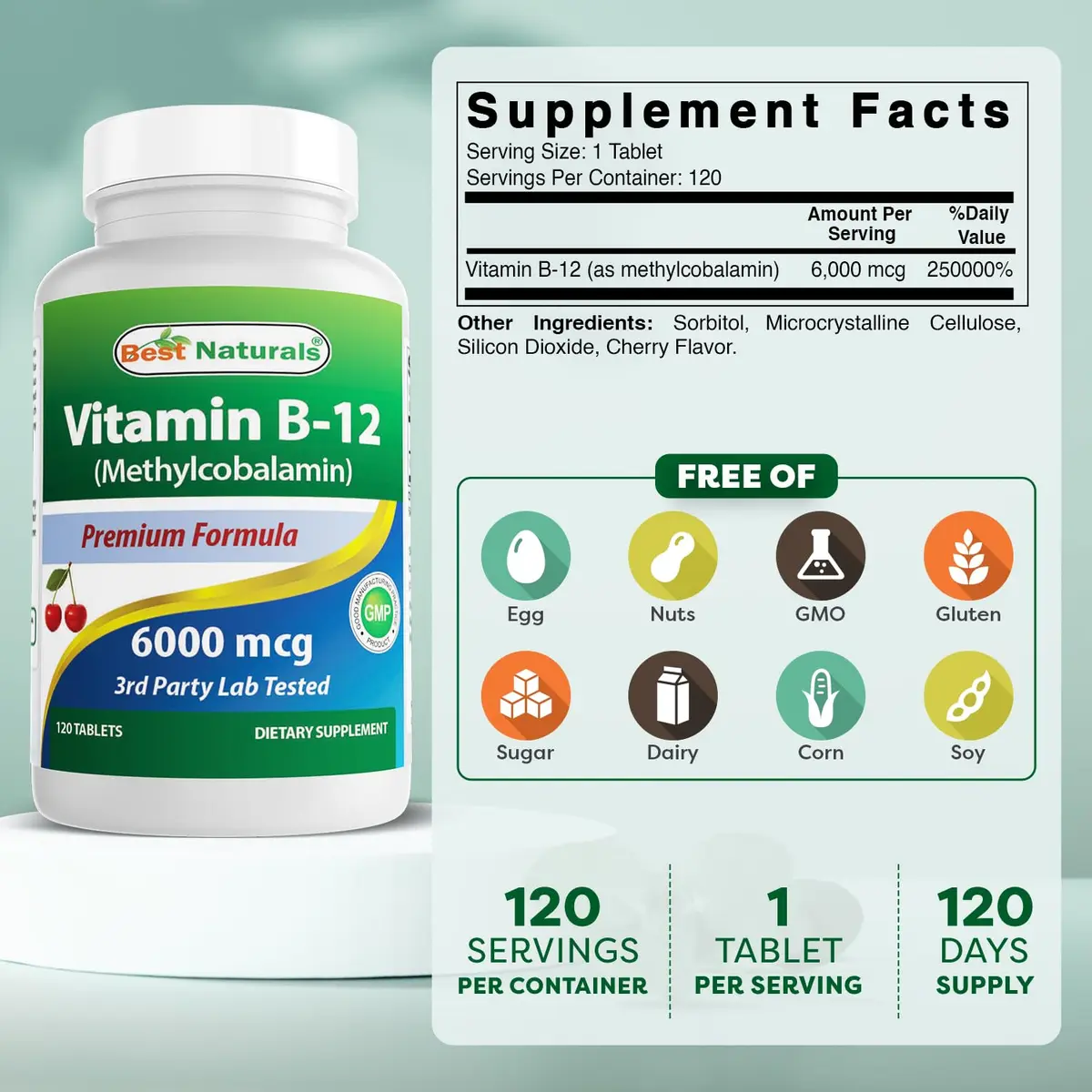 Best Naturals Vitamin B12 6000 mcg 120 Tablets | High-Dose, USA-Imported - view 2