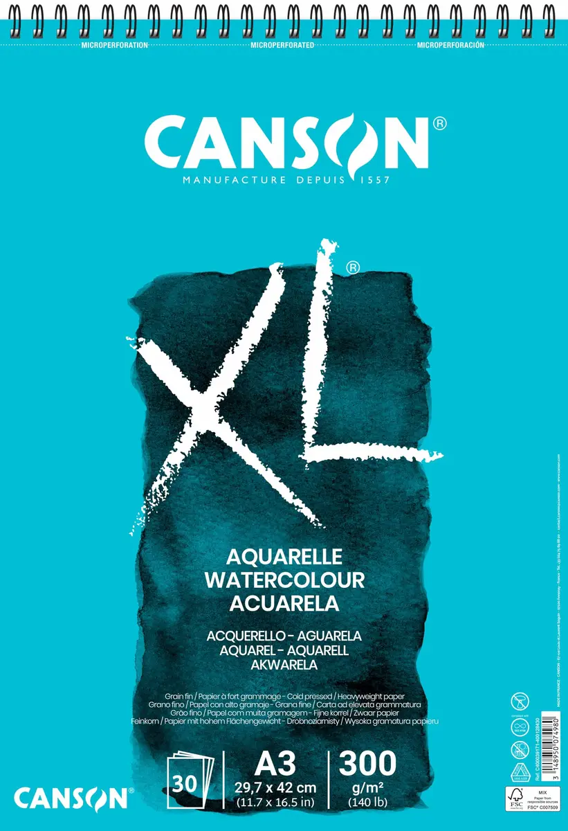Canson XL Watercolour 300gsm A3 Paper | Acid-Free, Cold Pressed, Bright White Sheets - main product image