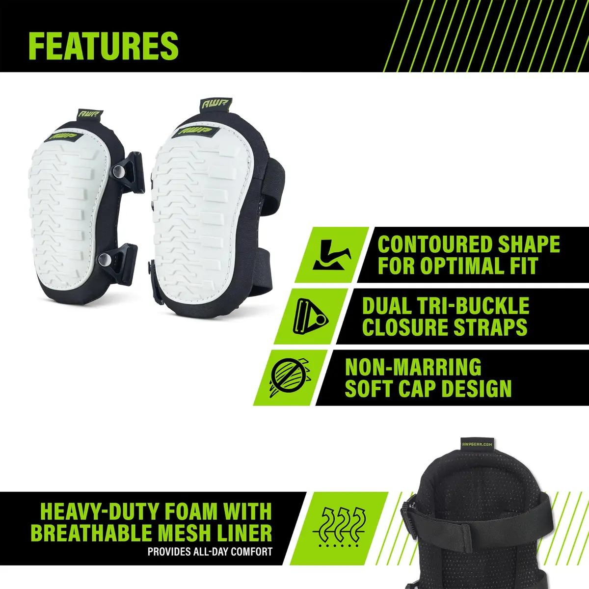 AWP Adult Knee Pads, 1 Pair, Non-Marring Cap, Black and White | Heavy Duty Foam Padding & Breathable Air-Mesh - view 2