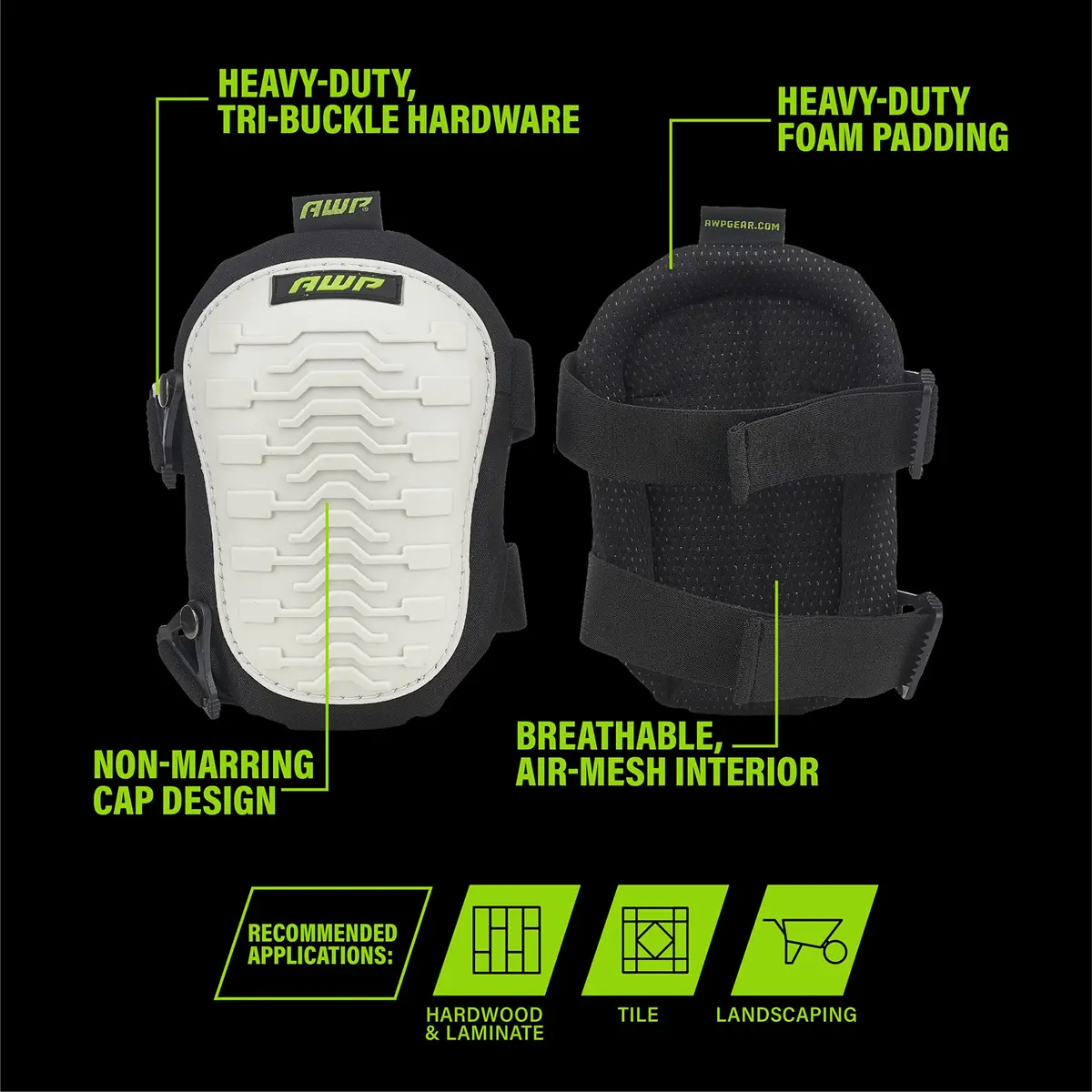 AWP Adult Knee Pads, 1 Pair, Non-Marring Cap, Black and White | Heavy Duty Foam Padding & Breathable Air-Mesh - view 3