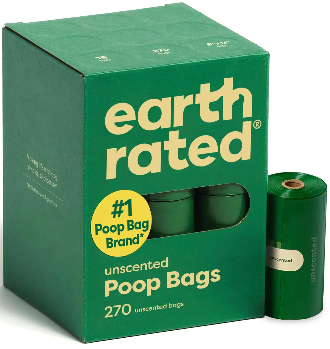 Earth Rated Dog Poop Bags on Refill Rolls 270 Unscented | Leak-Proof, Extra Thick, Recycled Material - main product image