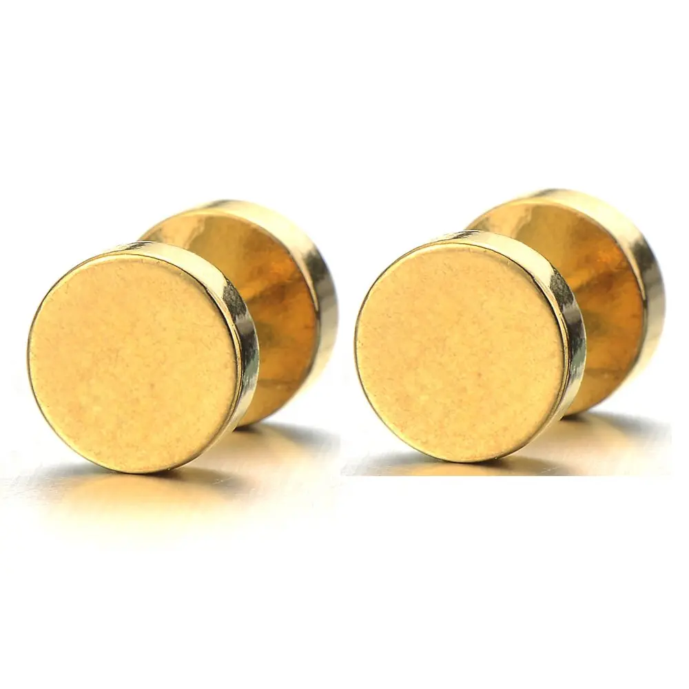 COOLSTEELANDBEYOND 2pcs 7mm Gold Screw Stud Earrings for Men, Stainless Steel Polished, Fake Ear Gauges Tunnel | Illusion Tunnel (100% brand new, USA import, delivery in 11-13 days) - main product image