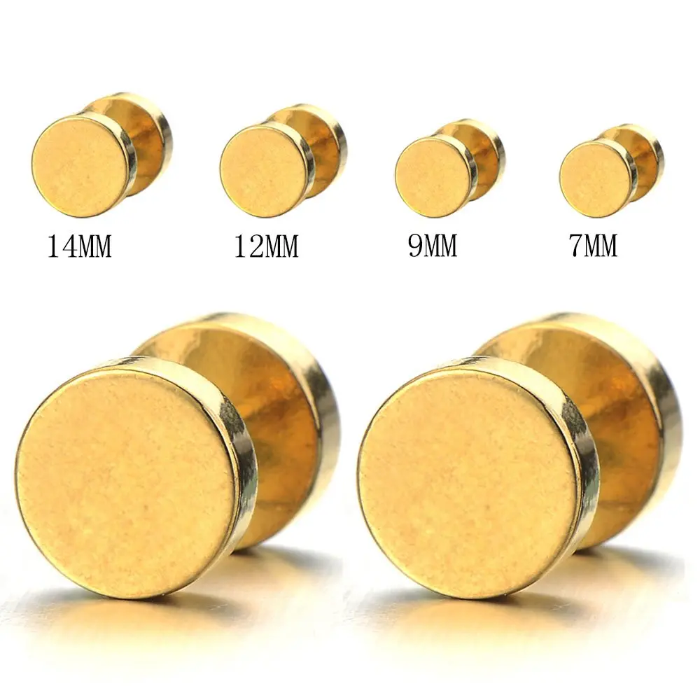 COOLSTEELANDBEYOND 2pcs 7mm Gold Screw Stud Earrings for Men, Stainless Steel Polished, Fake Ear Gauges Tunnel | Illusion Tunnel (100% brand new, USA import, delivery in 11-13 days) - view 2