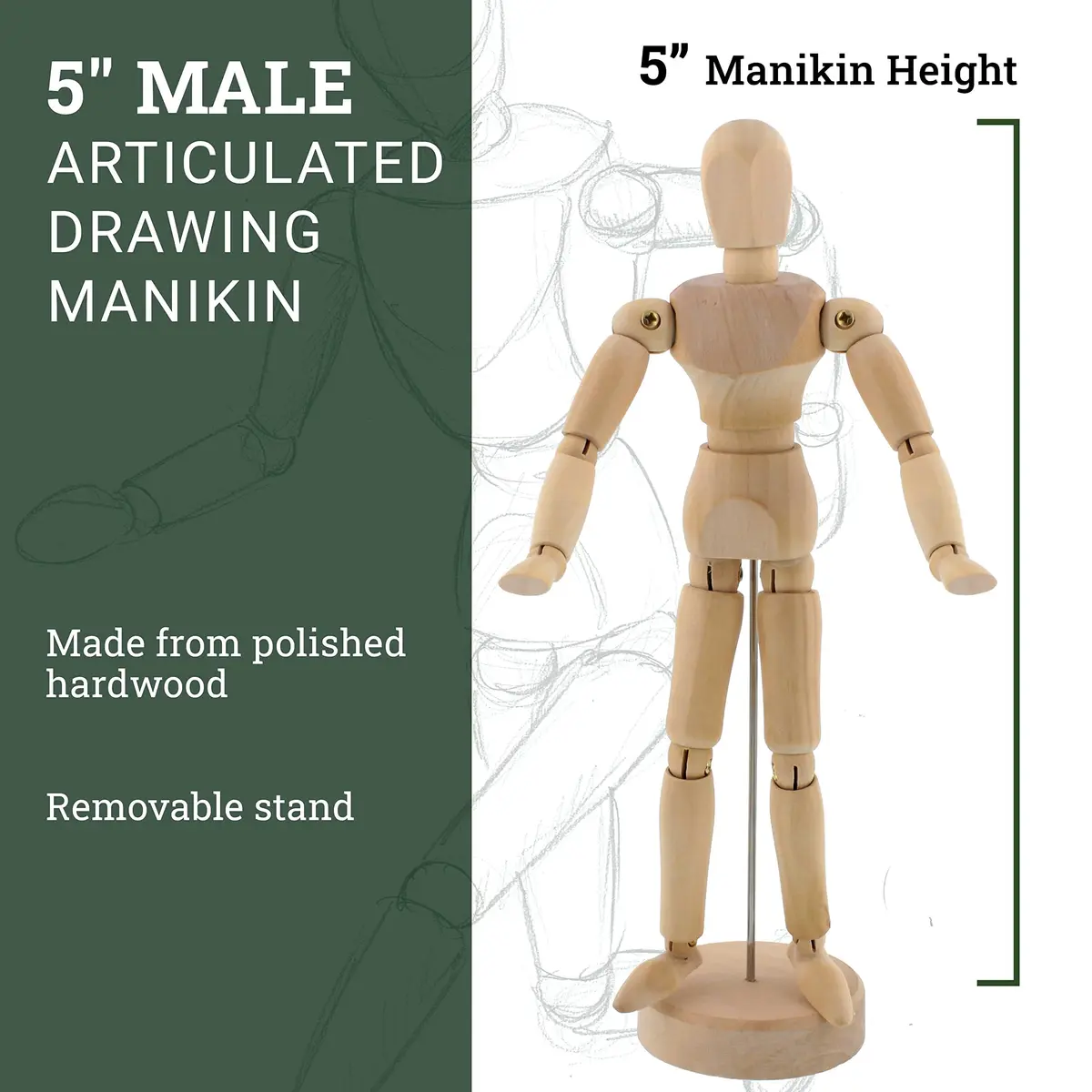 U.S. Art Supply 5" Wooden Male Manikin Posable Figure with Stand | Articulated for Drawing Human Form - view 2