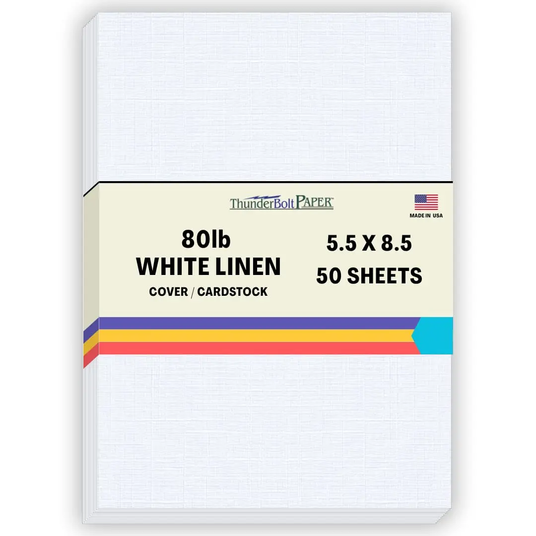 ThunderBolt Paper White Linen Cover Cardstock 5.5" X 8.5" | Elegant Textured Finish - main product image