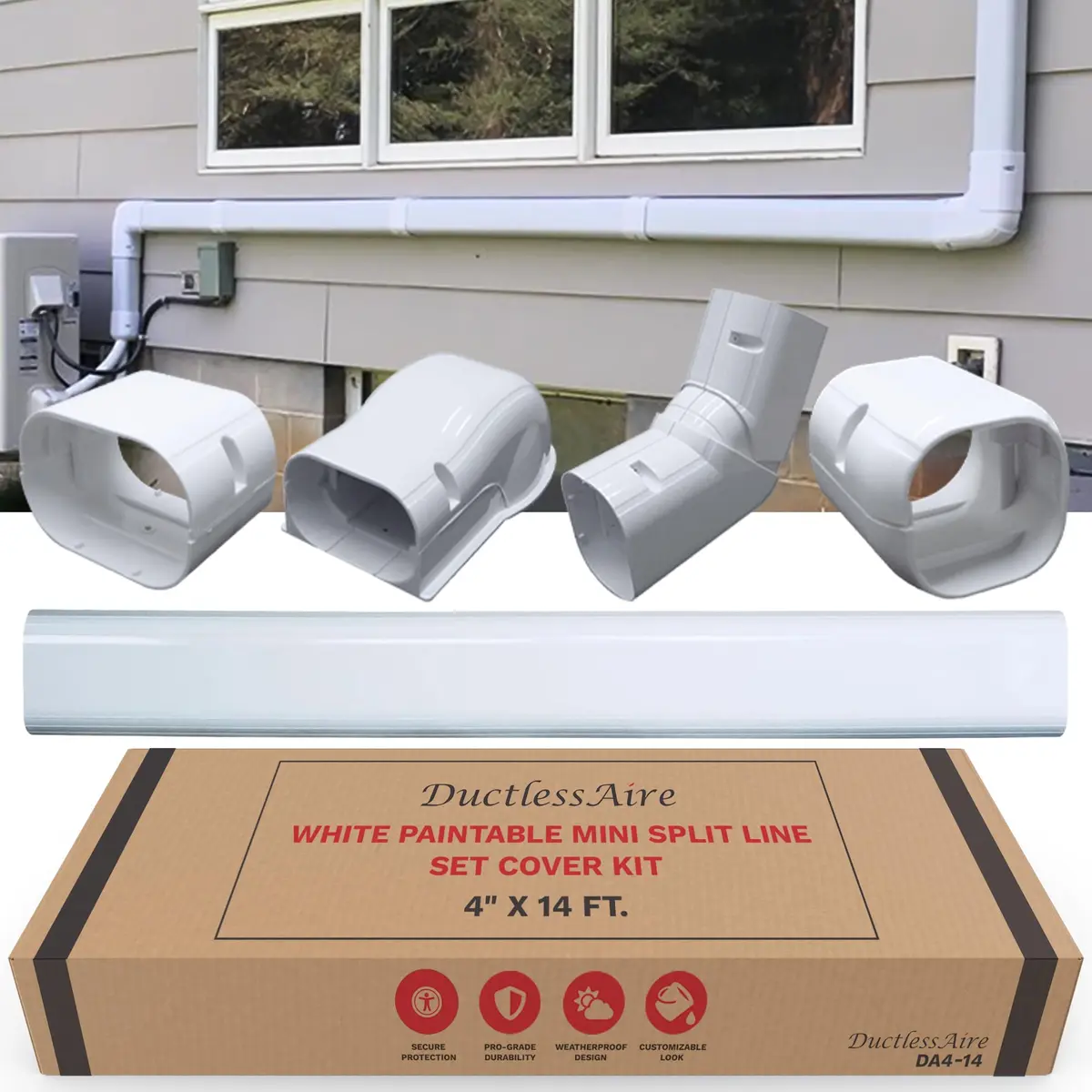 DuctlessAire Mini Split Line Set Cover - Paintable Kit (White, 4" x 14 ft) | Weatherproof AC Line Cover - main product image