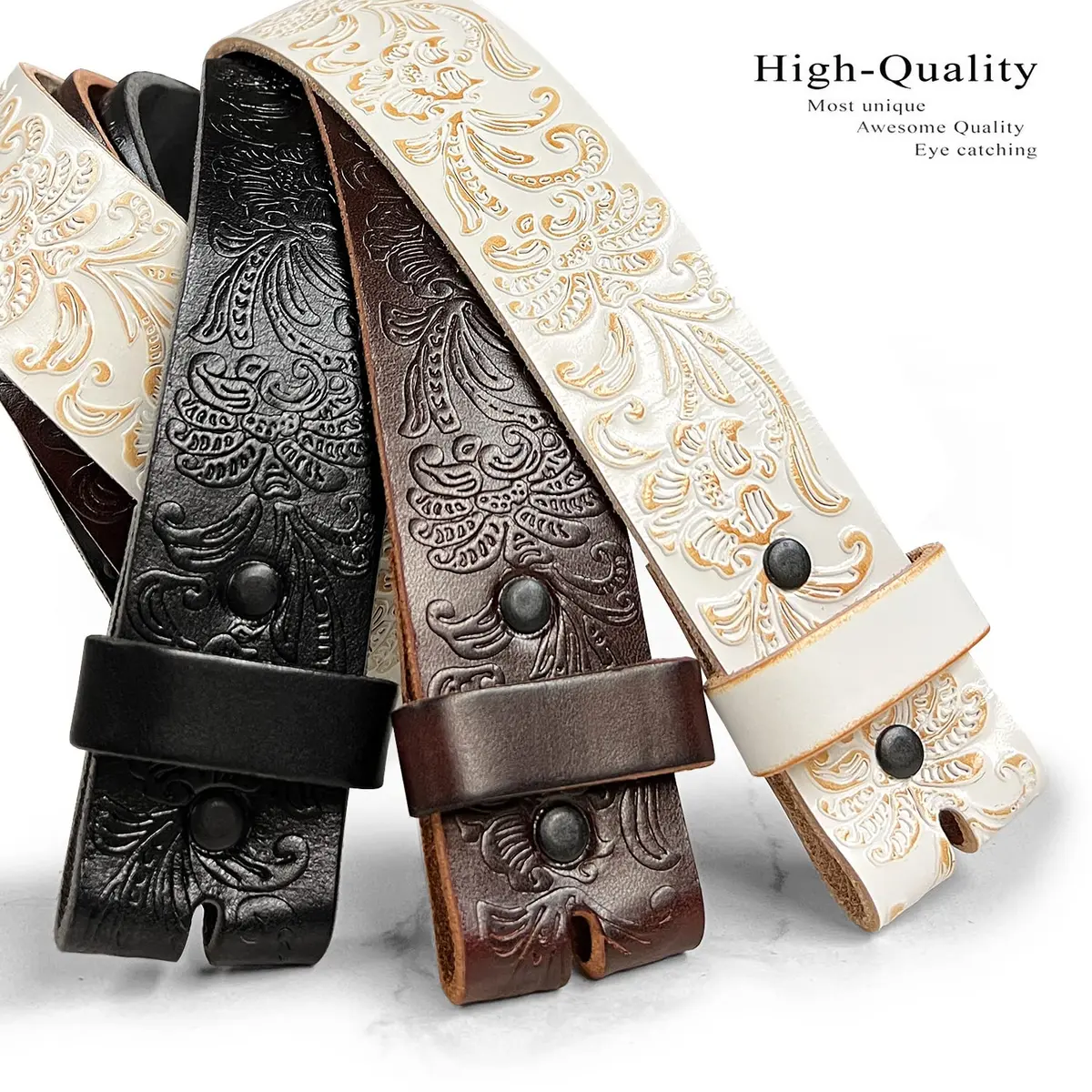 Belts.com Western Tooled Floral Embossed Full Grain Leather Belt 1.5"(38mm) Wide Black 30 | Western Style with Interchangeable Snap Buckle - view 2