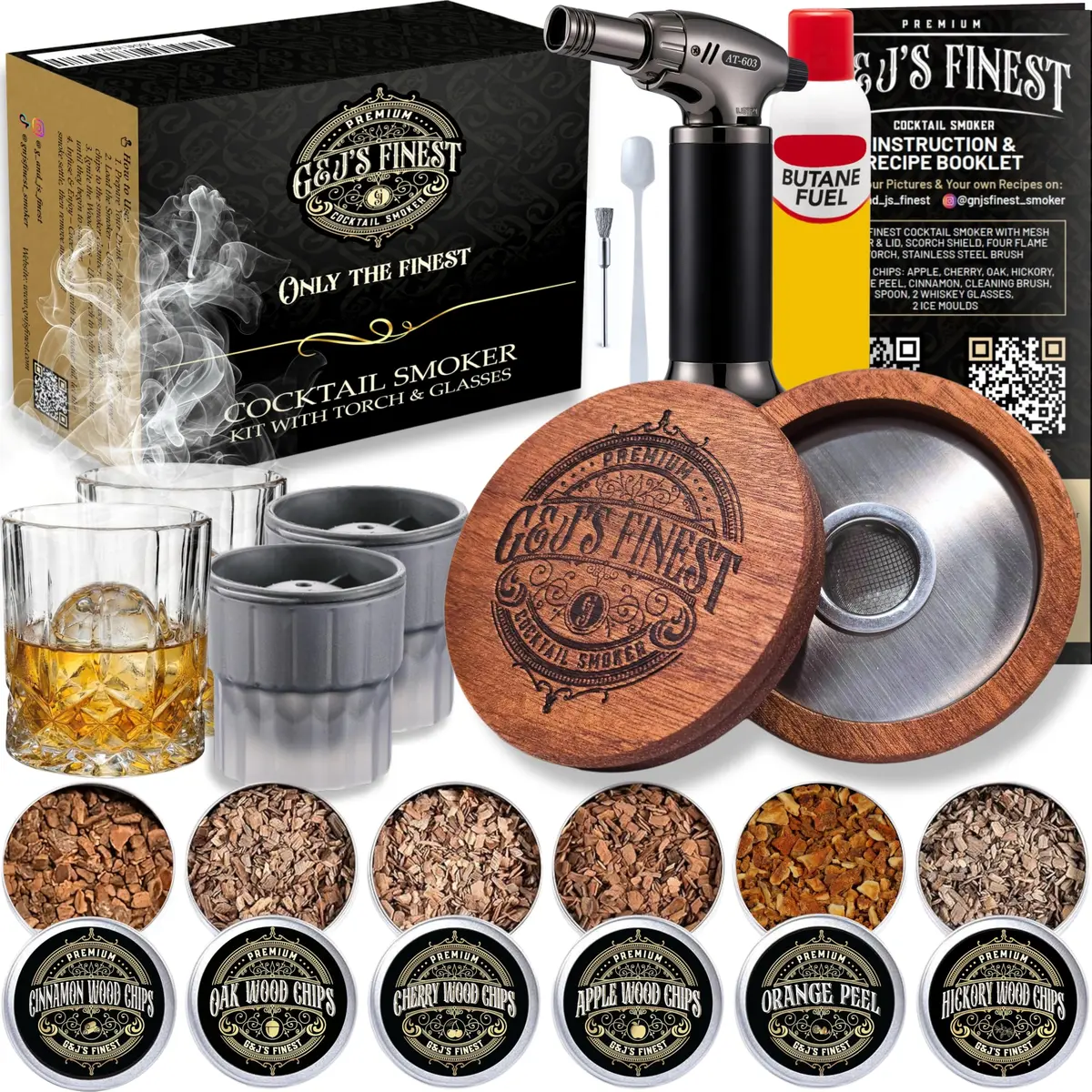 G & J's Finest Cocktail Smoker Kit with Torch, 6 Wood Chips & 2 Glasses | 4.5 inch — Mahogany Wood / 4.5 inches - main product image