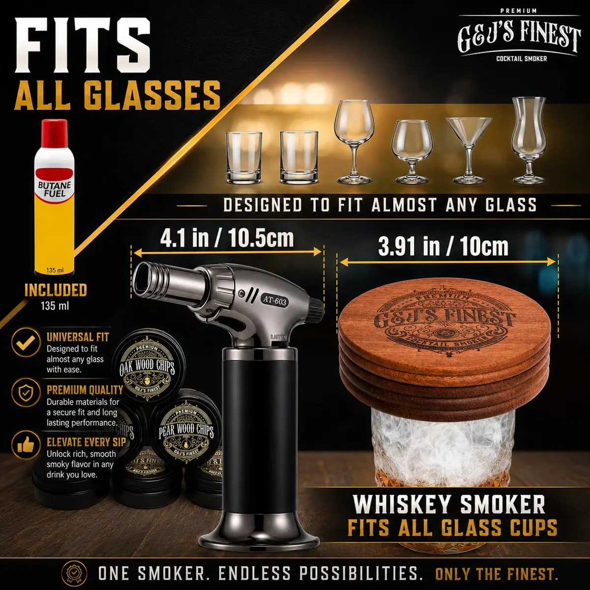 G & J's Finest Cocktail Smoker Kit with Torch, 6 Wood Chips & 2 Glasses | 4.5 inch — Mahogany Wood / 4.5 inches - view 4