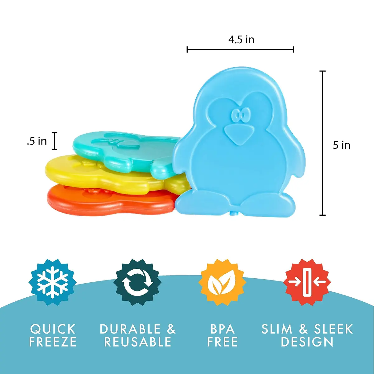 Fit & Fresh Reusable Kids Lunch Box Ice Packs, 4pk | Slim Penguin-Shaped Freezer Packs for School & Picnic - view 3