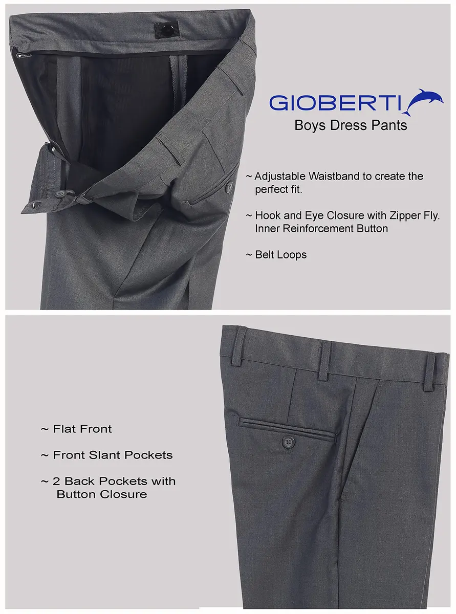 Gioberti Boys Flat Front Dress Pants, Charcoal, Size 8 | Adjustable Waist, Formal Fit - view 7