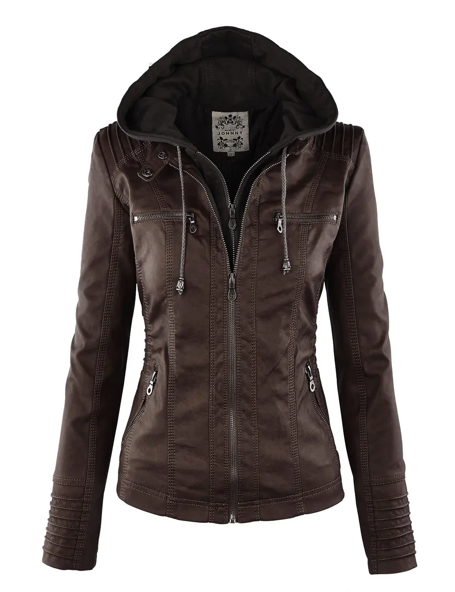 Made By Johnny Womens Faux Leather Motorcycle Jacket with Removable Hood | Regular Fit, Coffee - main product image