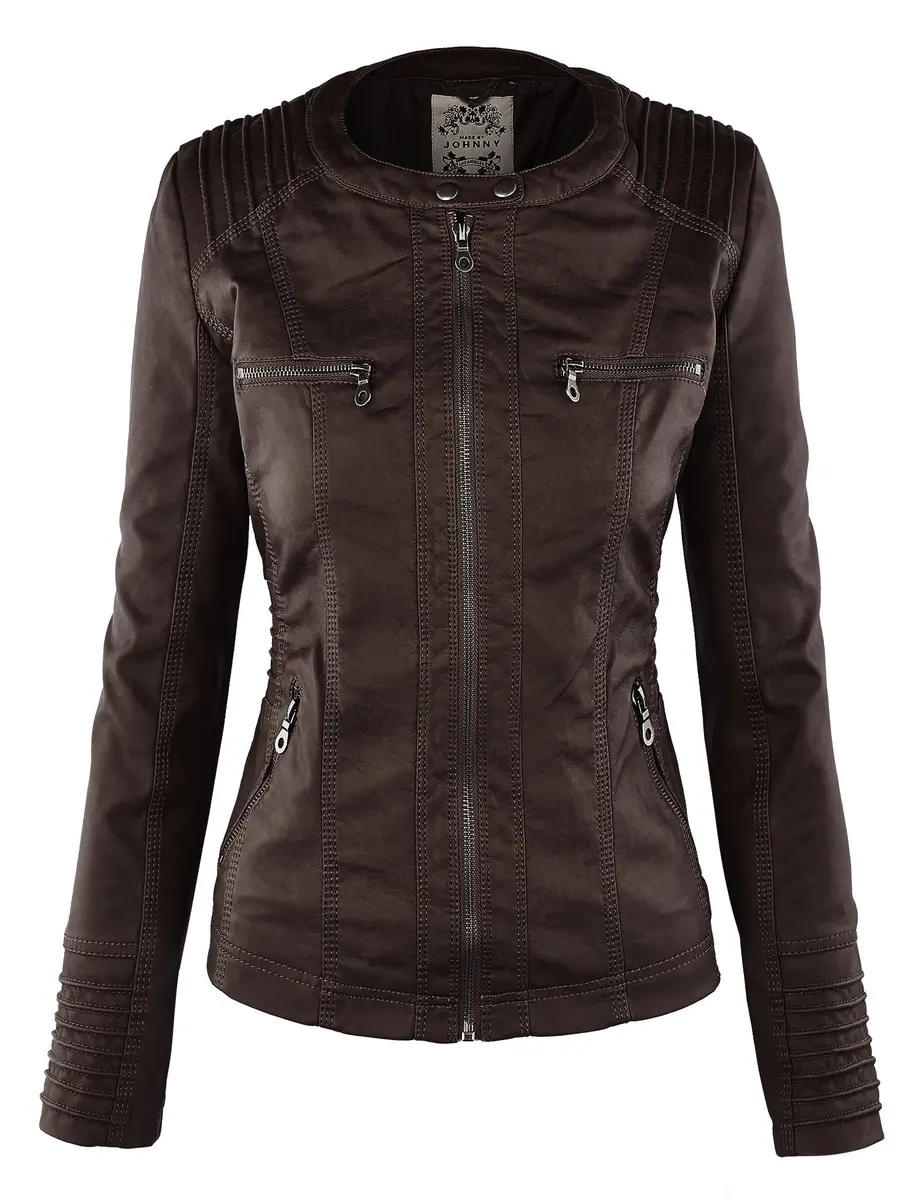 Made By Johnny Womens Faux Leather Motorcycle Jacket with Removable Hood | Regular Fit, Coffee - view 5